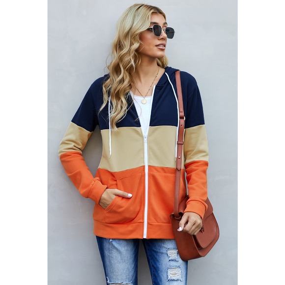 BLUE TAN ORANGE COLOR BLOCK FULL ZIP DRAWSTRING HOODIE SIZE 2XL 18-20 - Picture 8 of 11